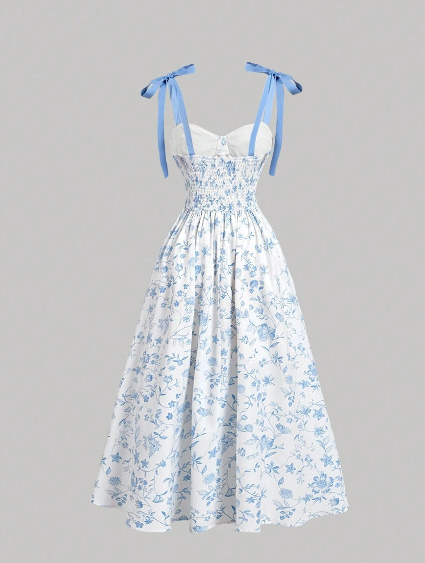 Floral Print Lace-up Shoulder Dress