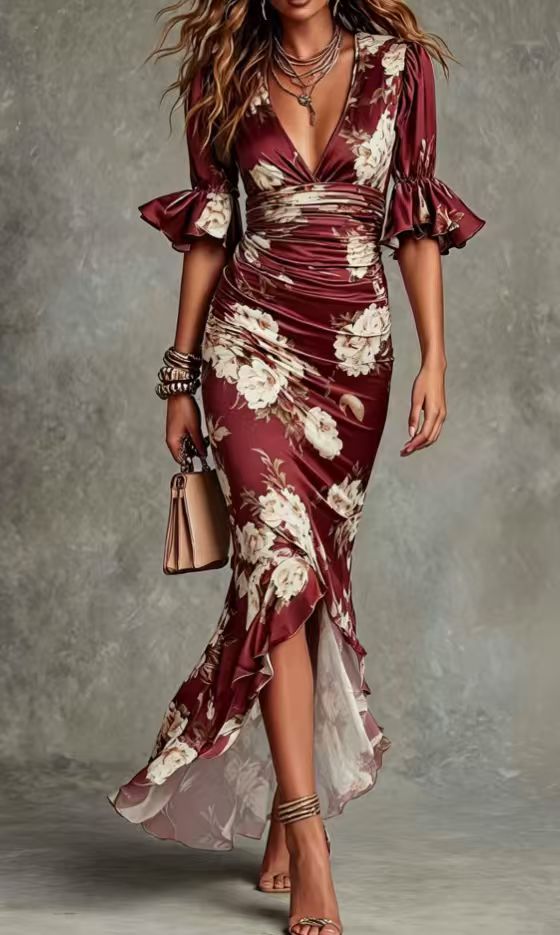 Floral Print V-Neck Bell Sleeve Dress