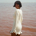 Womens Elegant Crewneck Long Sleeve Slim Fit Ruffled Dress