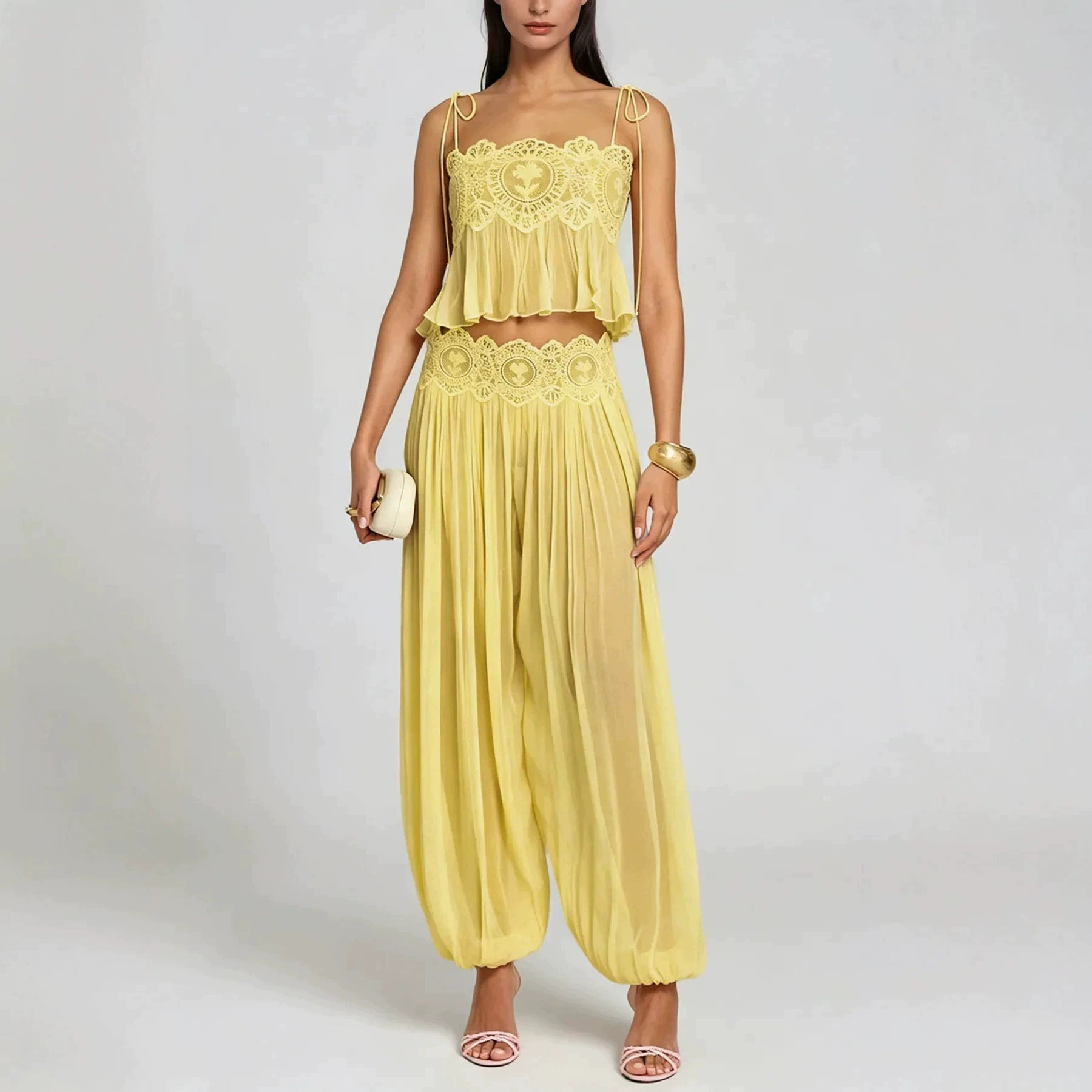 Lace-Up Backless Chiffon Two-Piece Set