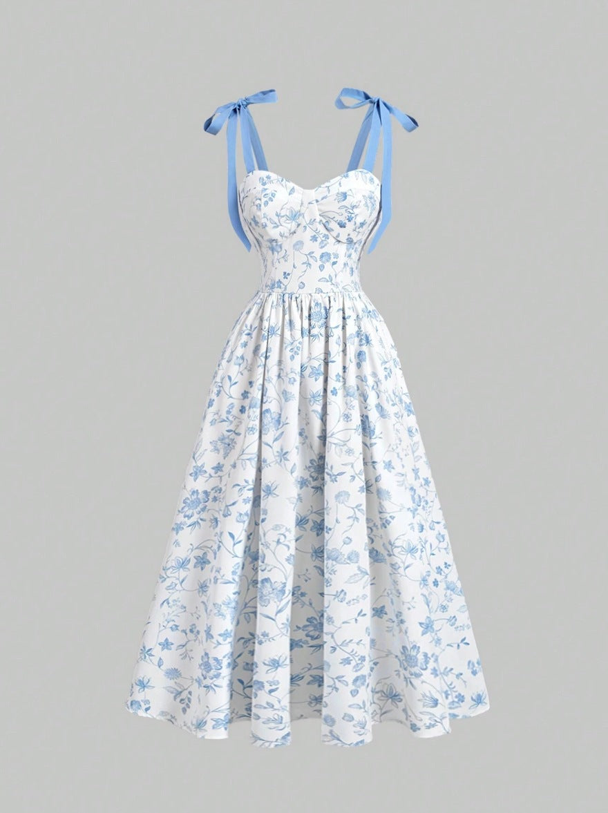 Floral Print Lace-up Shoulder Dress