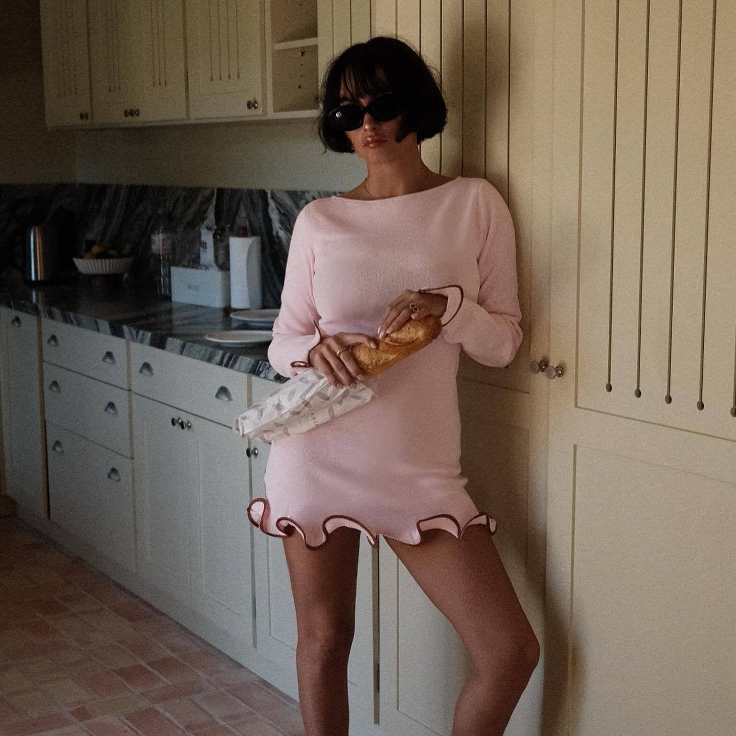 Womens Elegant Crewneck Long Sleeve Slim Fit Ruffled Dress