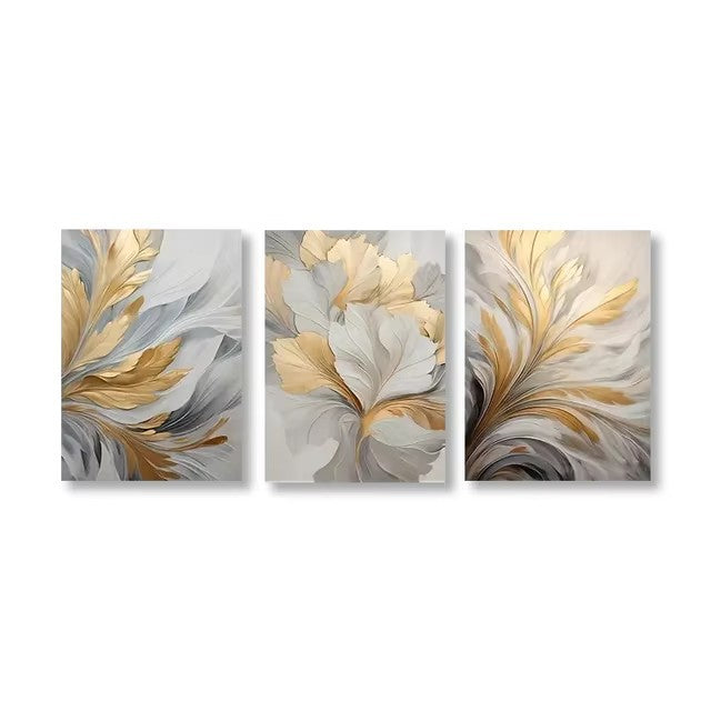 Abstract Gold White Leaves Canvas Painting