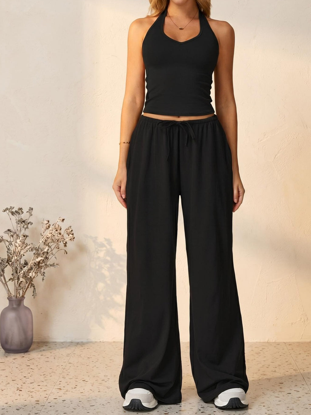 V-Neck Camisole Top Wide Leg Pants Set