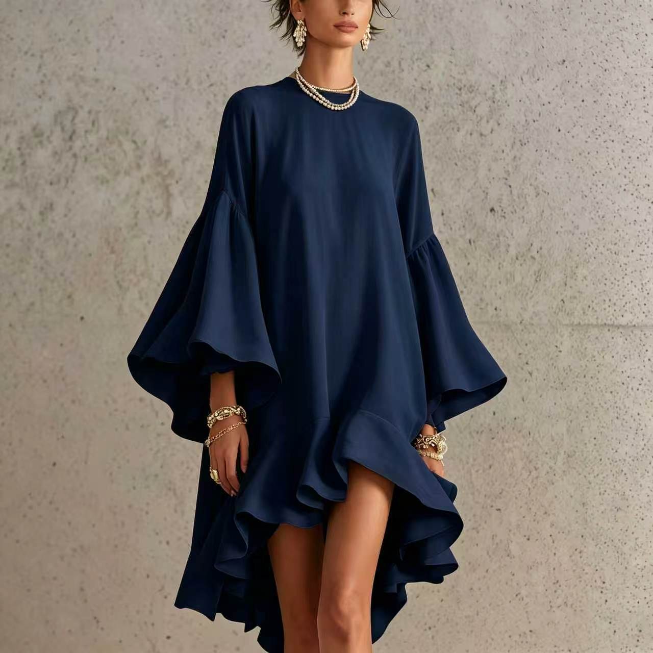Bell Sleeve Asymmetrical Ruffle Dress