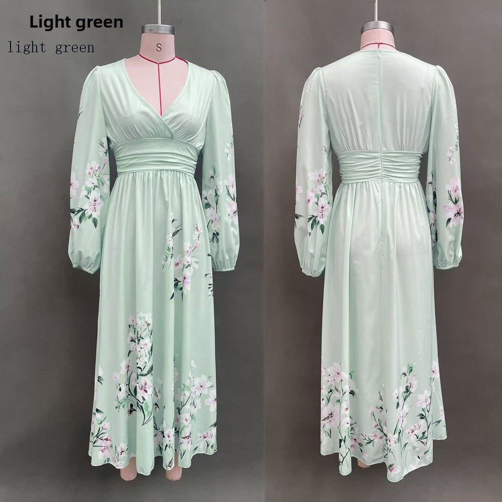 Women's Fashion Print Floral Long-Sleeve V-Neck Pleated Dress