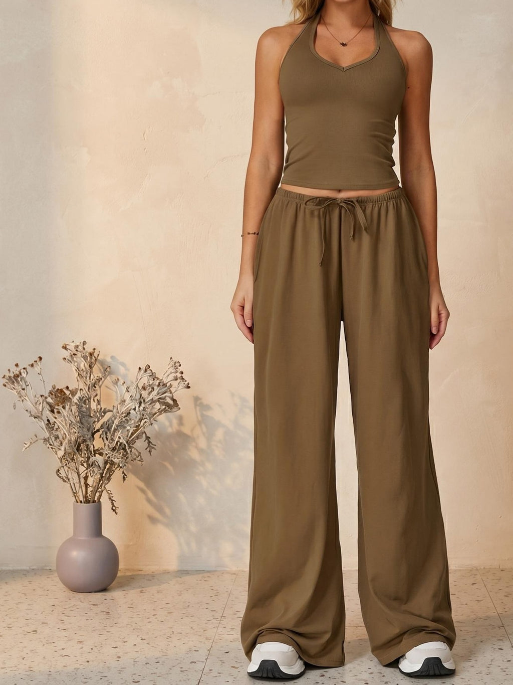 V-Neck Camisole Top Wide Leg Pants Set