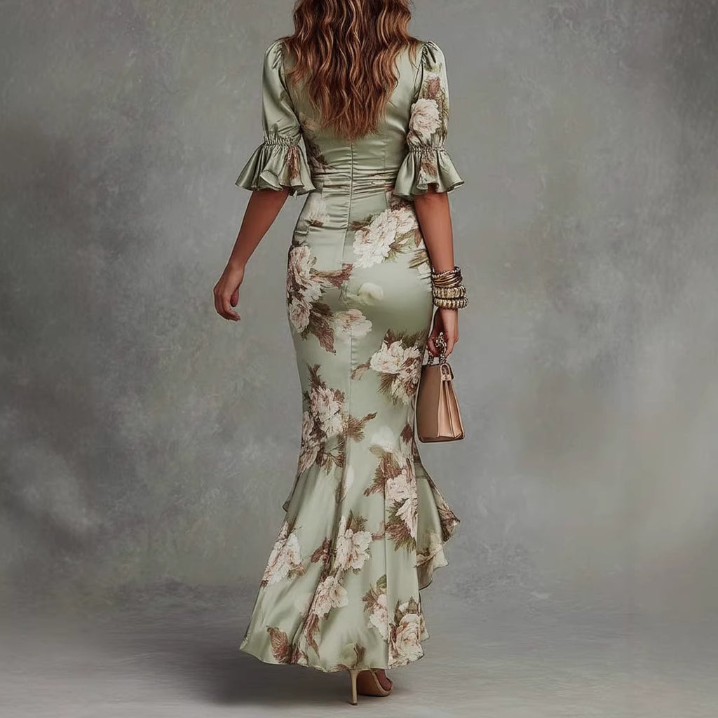 Floral Print V-Neck Bell Sleeve Dress