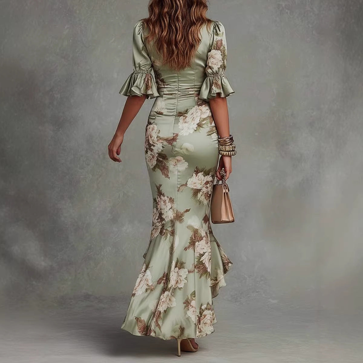 Floral Print V-Neck Bell Sleeve Dress