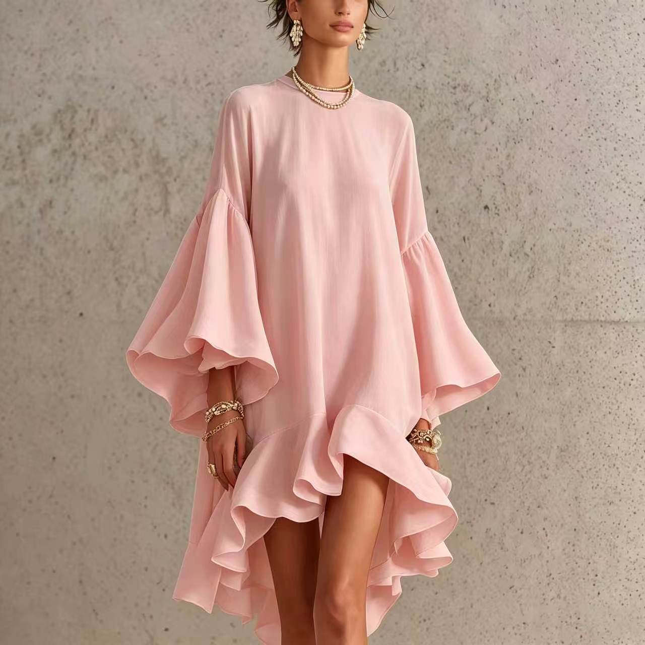Bell Sleeve Asymmetrical Ruffle Dress
