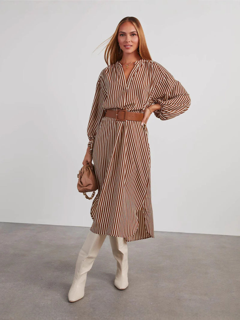 Womens V-Neck Striped Belt Dress