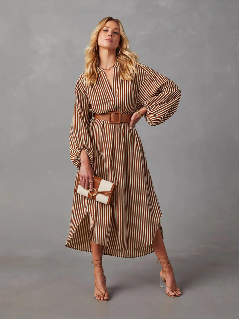 Womens V-Neck Striped Belt Dress