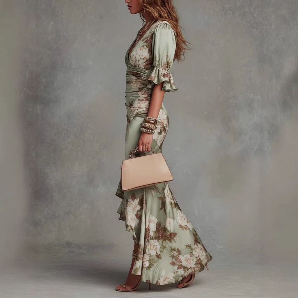 Floral Print V-Neck Bell Sleeve Dress
