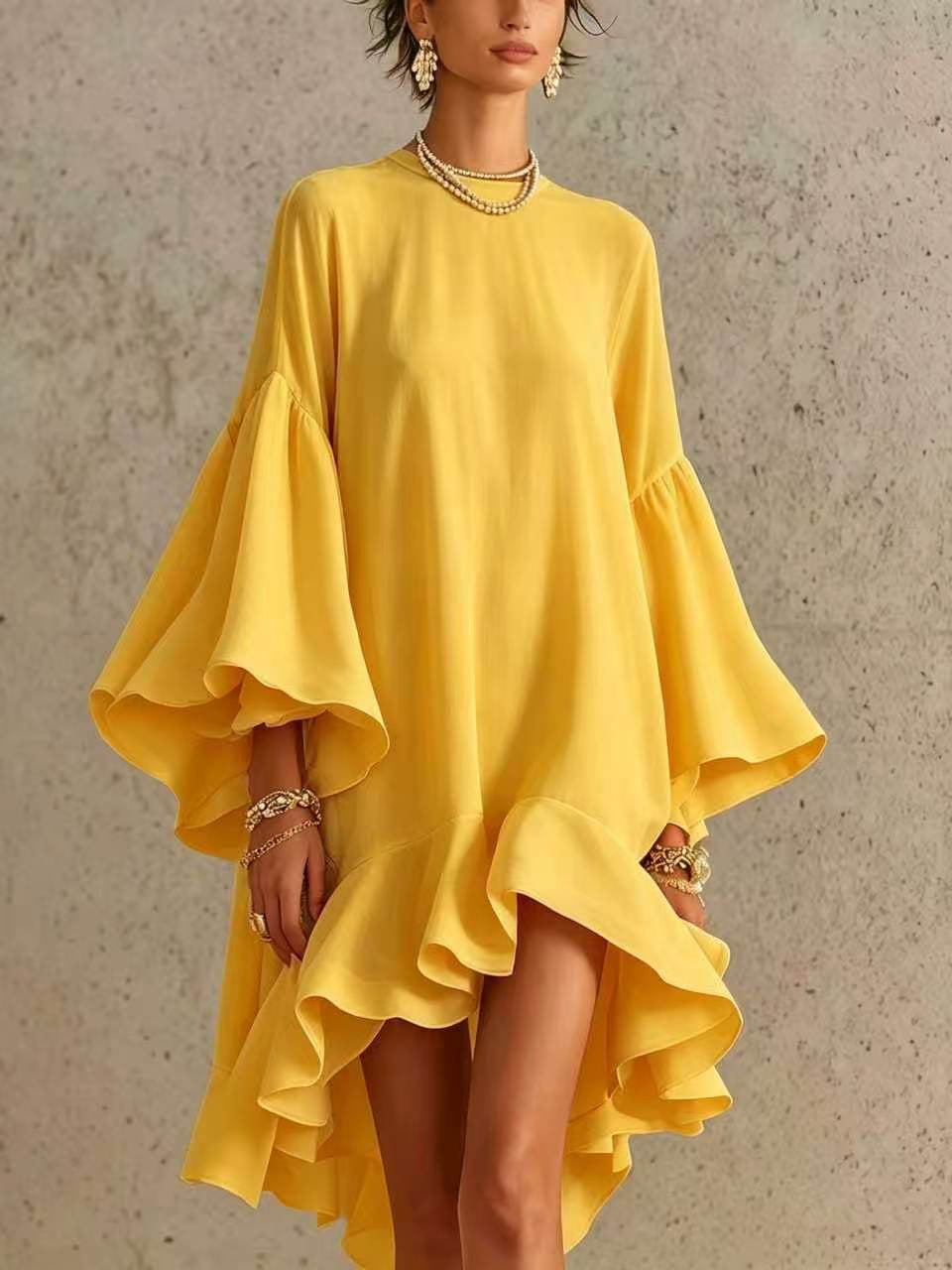 Bell Sleeve Asymmetrical Ruffle Dress