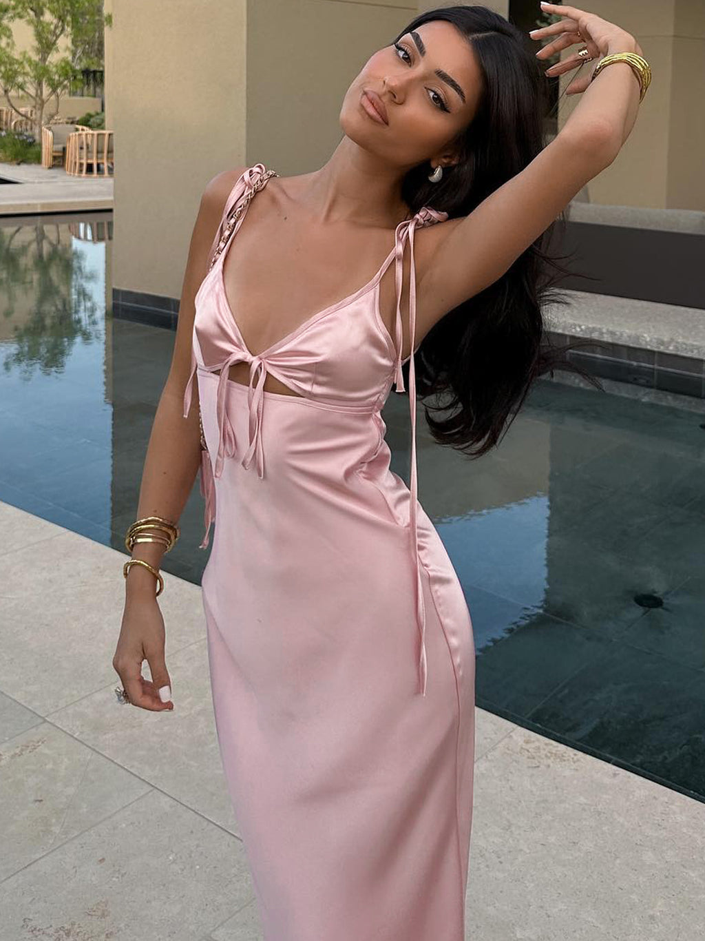 Satin V-Neck Long Dress
