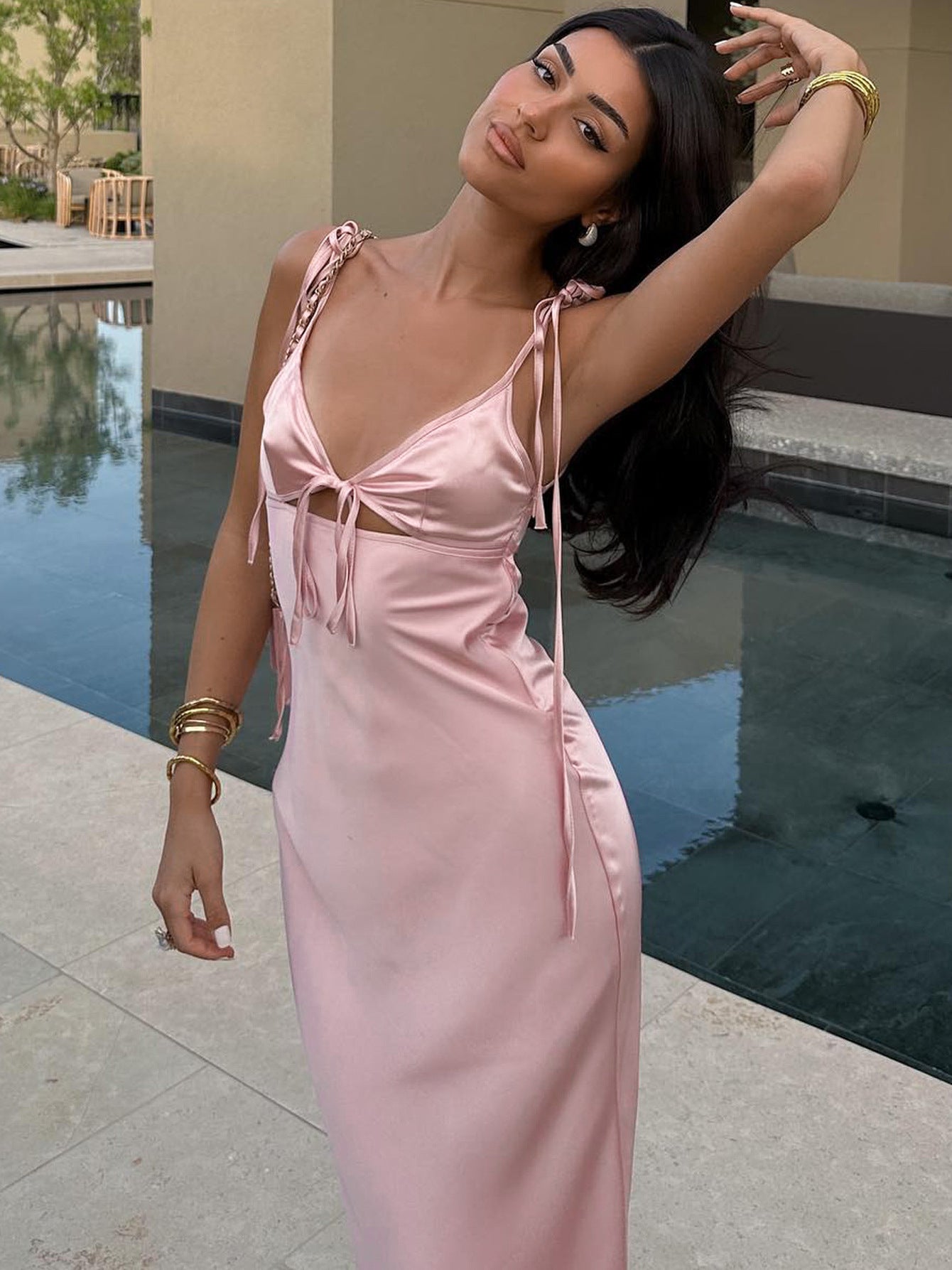 Satin V-Neck Long Dress