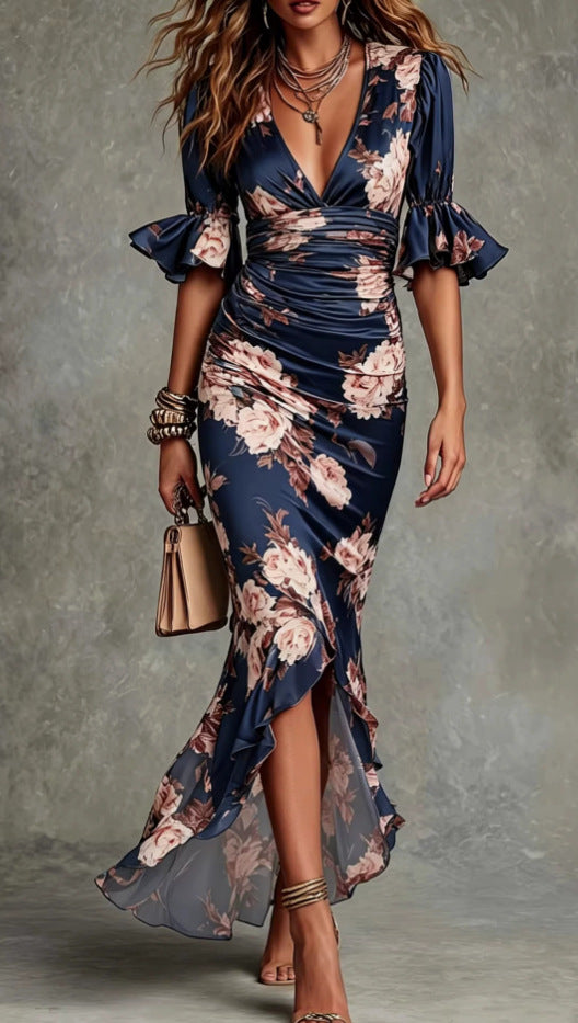 Floral Print V-Neck Bell Sleeve Dress