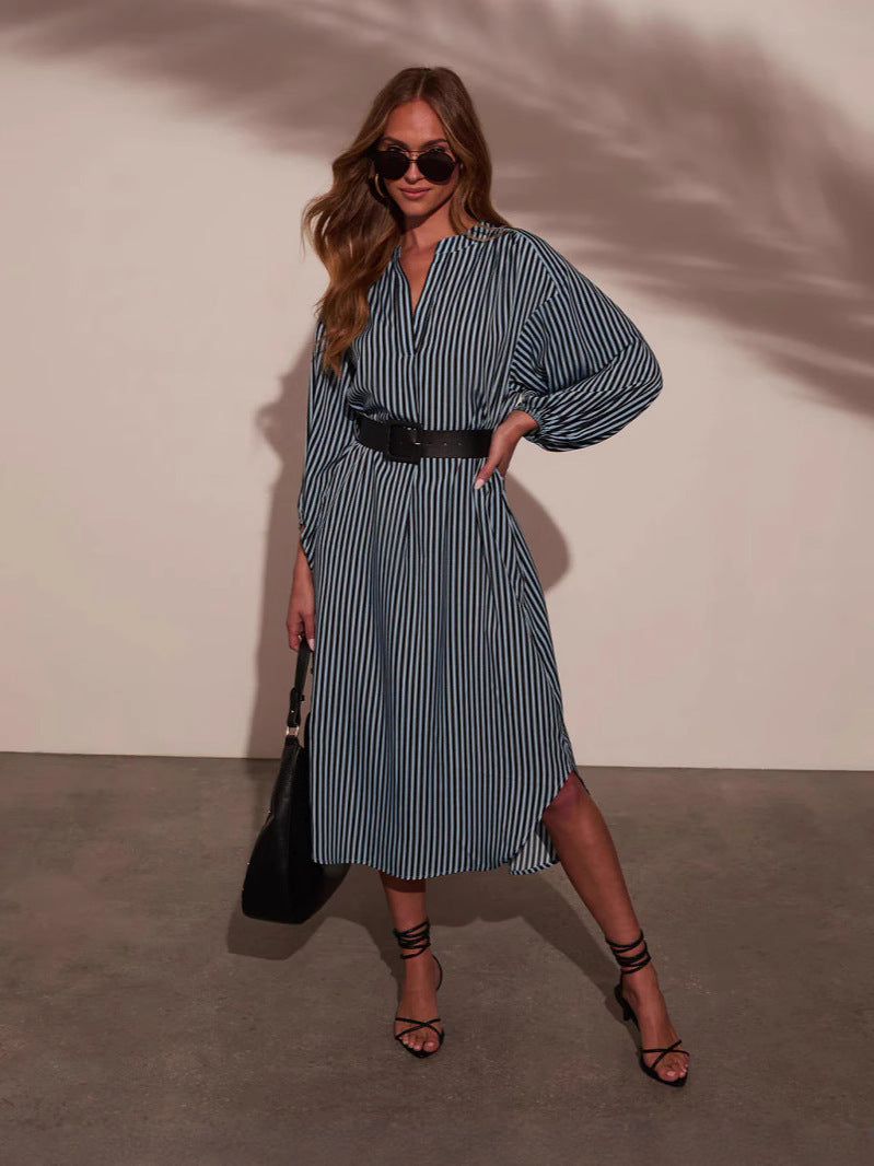Womens V-Neck Striped Belt Dress