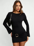 Long-Sleeve Solid-Colored Bodycon Mini Dress