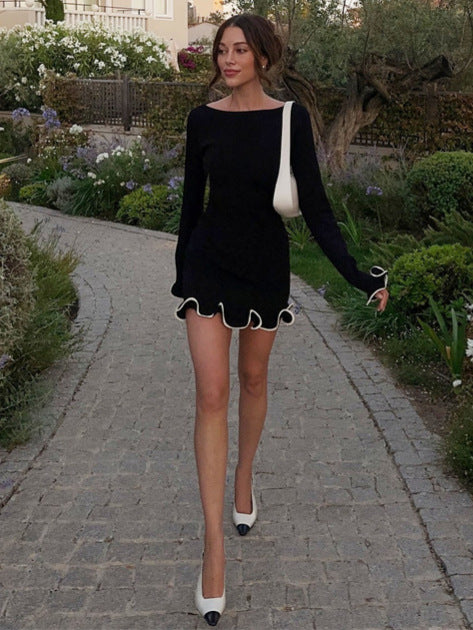 Womens Elegant Crewneck Long Sleeve Slim Fit Ruffled Dress