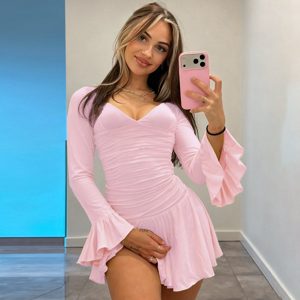 V-Neck Pleated Bell Sleeve Dress