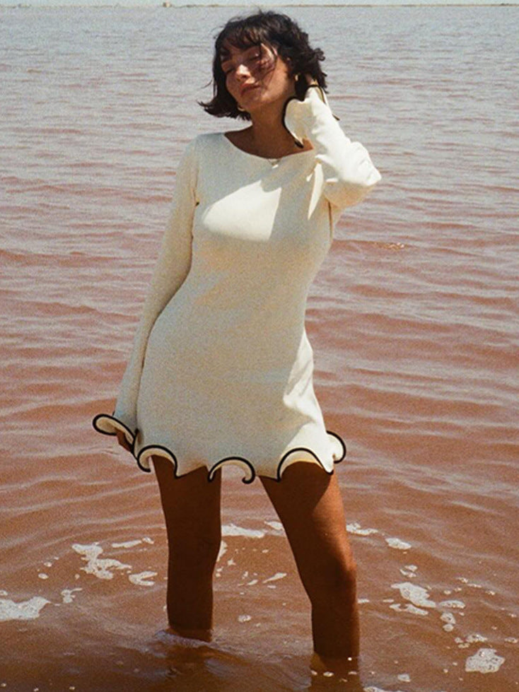 Womens Elegant Crewneck Long Sleeve Slim Fit Ruffled Dress
