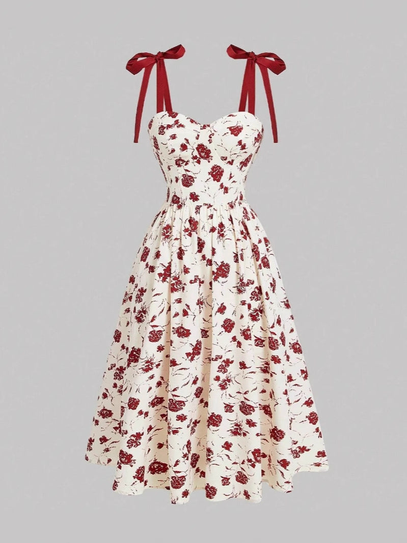 Floral Print Lace-up Shoulder Dress
