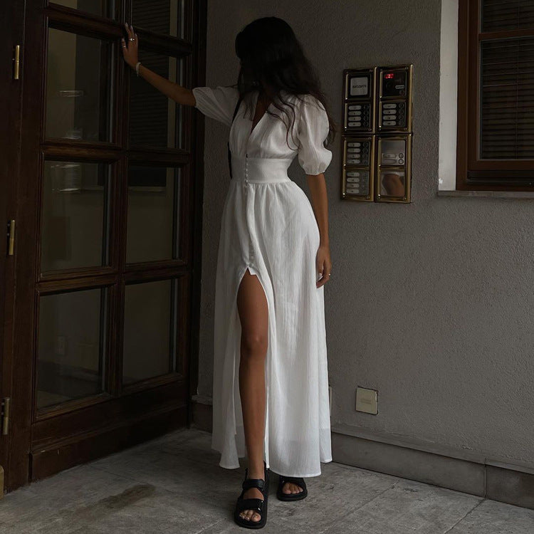 Bubble Sleeve Split Hem Dress