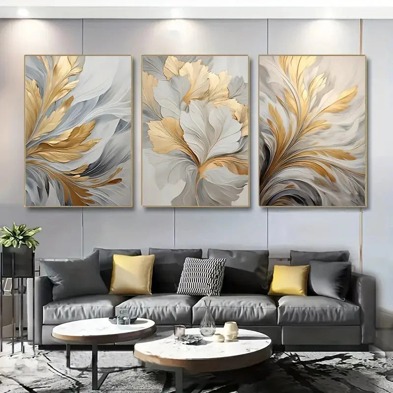 Abstract Gold White Leaves Canvas Painting