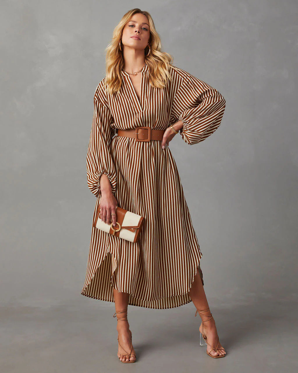 Womens V-Neck Striped Belt Dress
