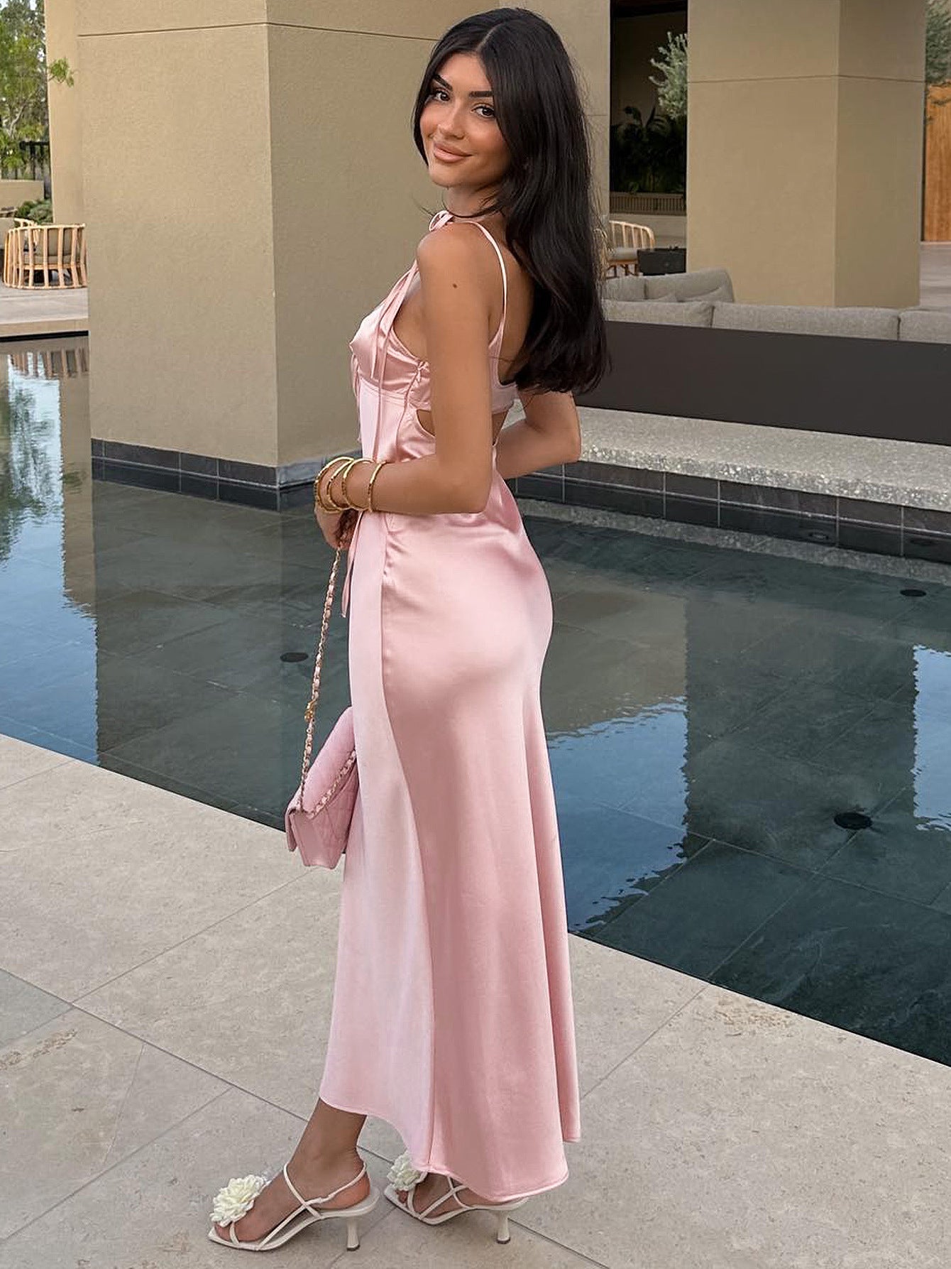 Satin V-Neck Long Dress