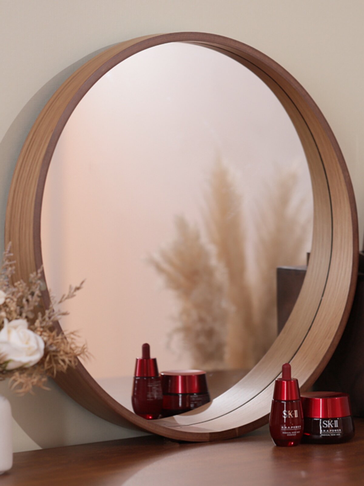Solid Wood Round Wall Mounted Mirror