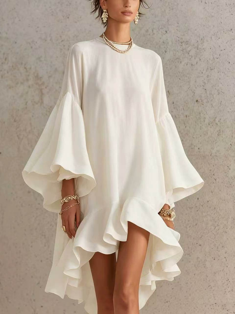 Bell Sleeve Asymmetrical Ruffle Dress