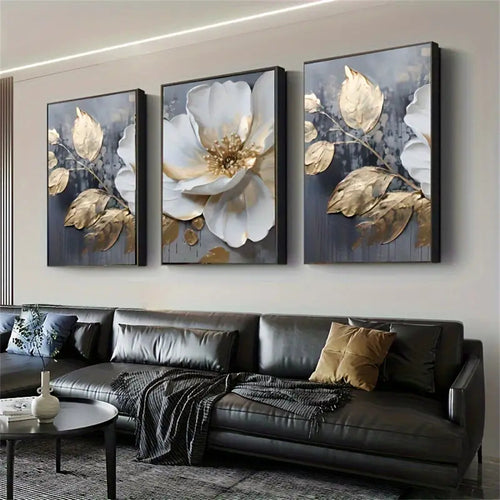 Carved Floating Golden Leaves Flowers Canvas Painting