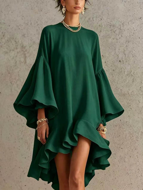 Bell Sleeve Asymmetrical Ruffle Dress