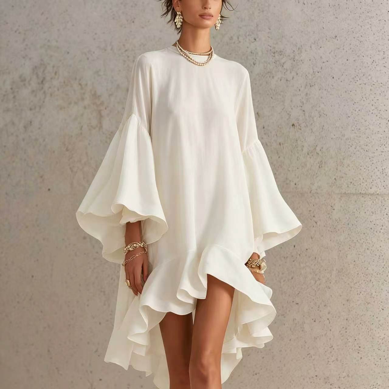 Bell Sleeve Asymmetrical Ruffle Dress