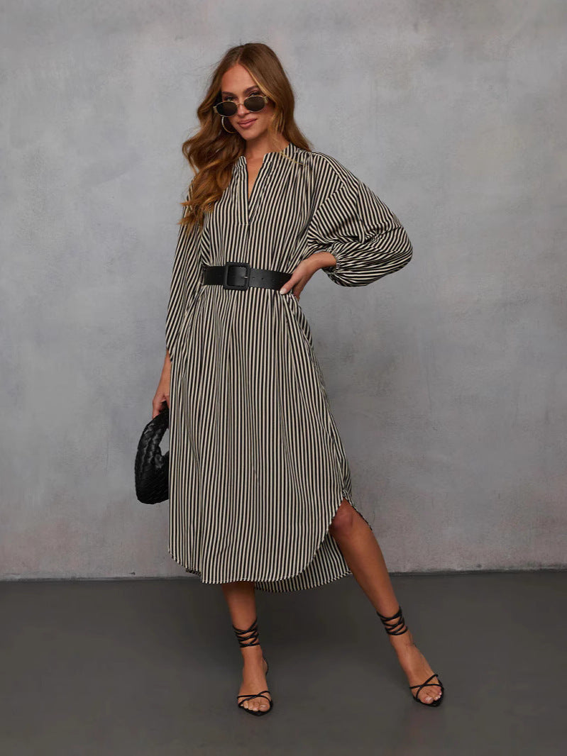 Womens V-Neck Striped Belt Dress