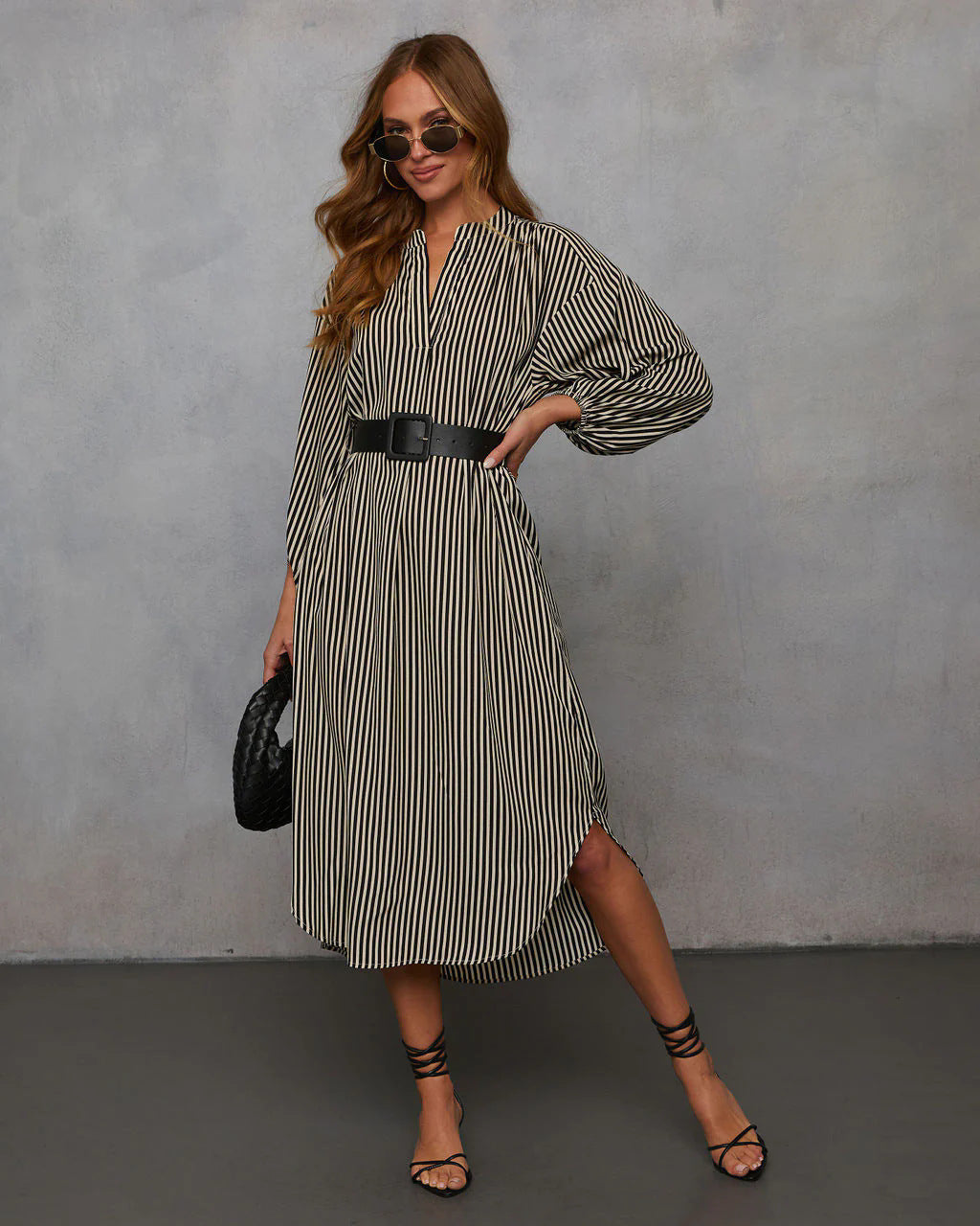Womens V-Neck Striped Belt Dress
