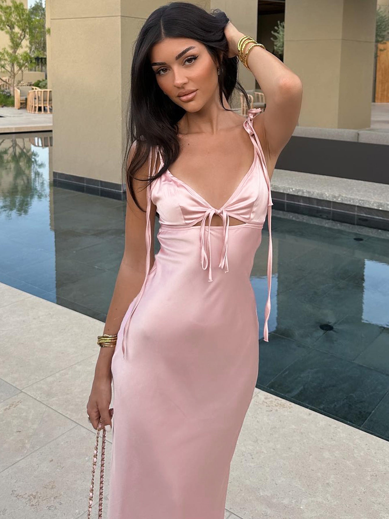 Satin V-Neck Long Dress