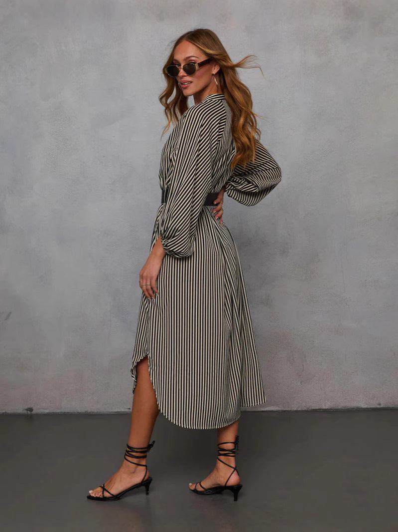 Womens V-Neck Striped Belt Dress
