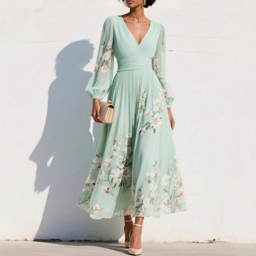 Women's Fashion Print Floral Long-Sleeve V-Neck Pleated Dress