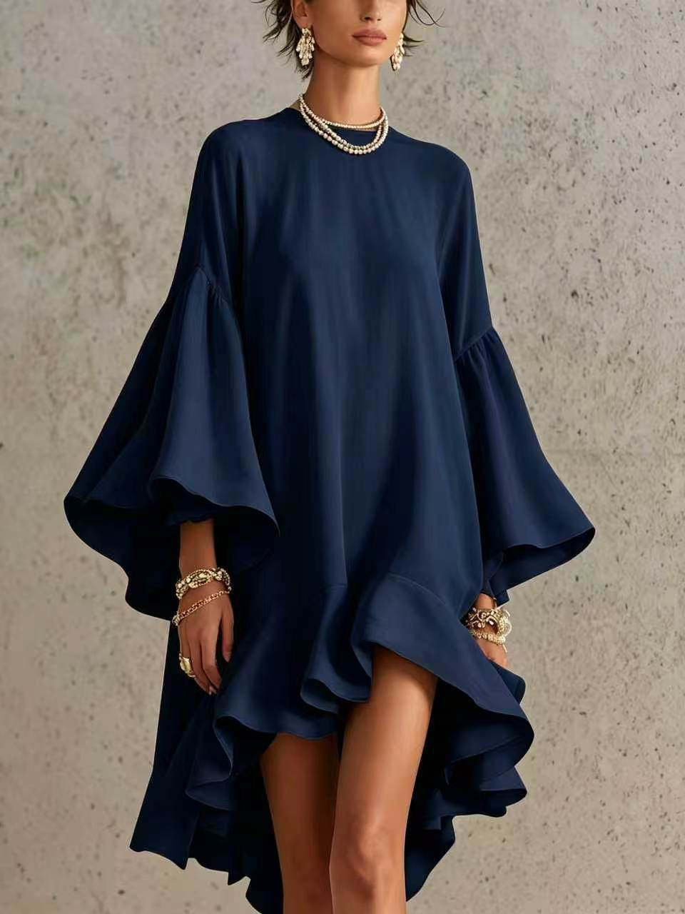 Bell Sleeve Asymmetrical Ruffle Dress