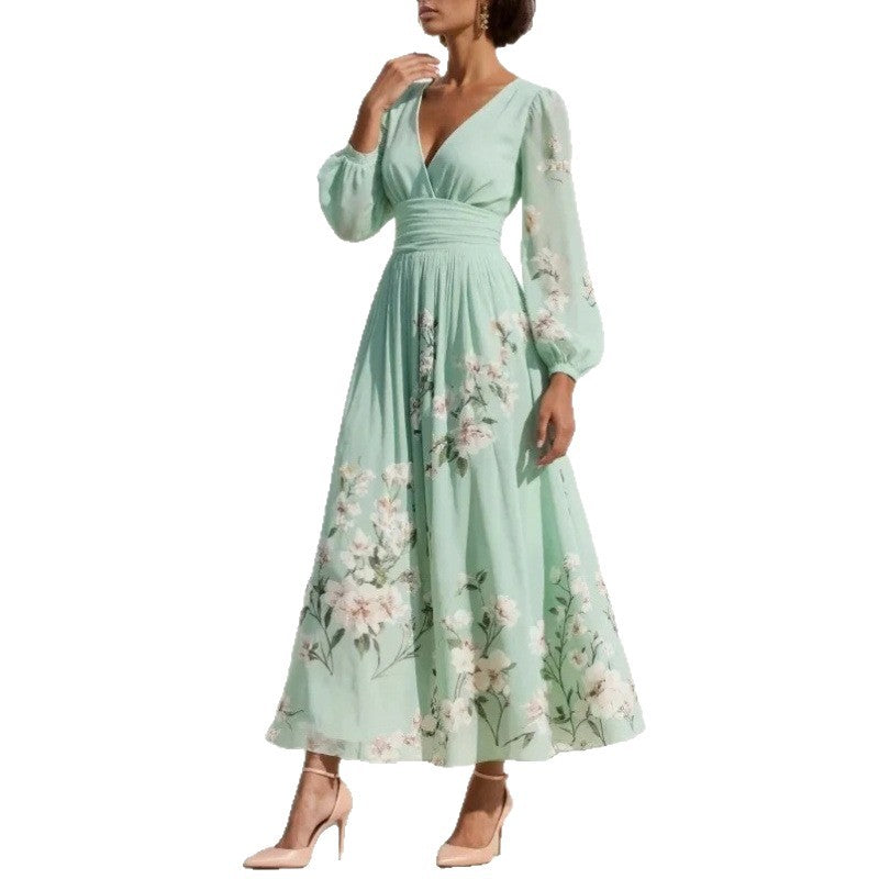 Women's Fashion Print Floral Long-Sleeve V-Neck Pleated Dress