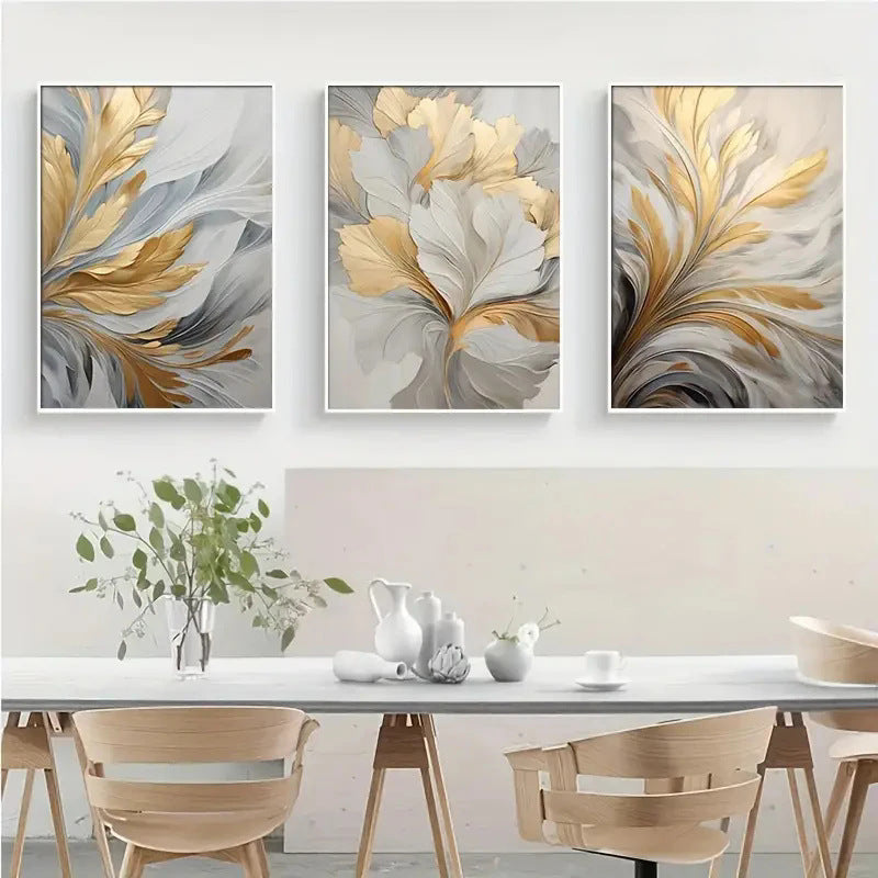 Abstract Gold White Leaves Canvas Painting