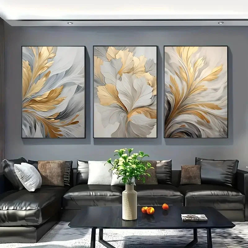Abstract Gold White Leaves Canvas Painting