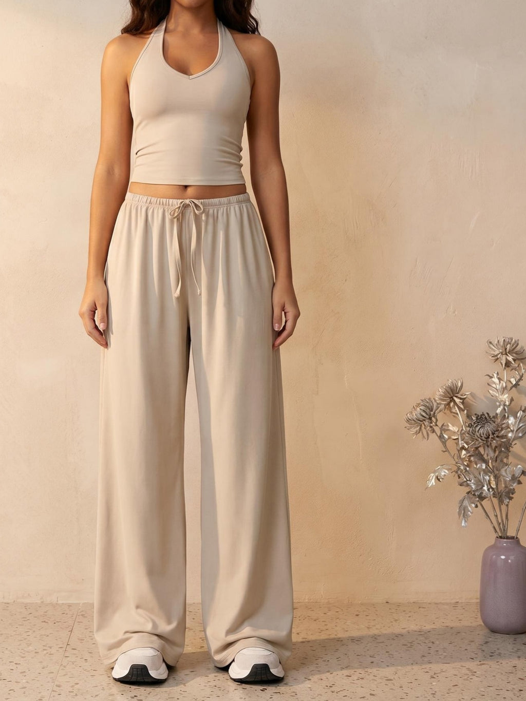 V-Neck Camisole Top Wide Leg Pants Set