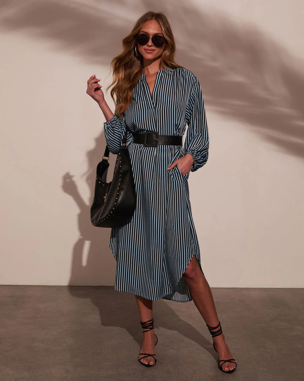 Womens V-Neck Striped Belt Dress