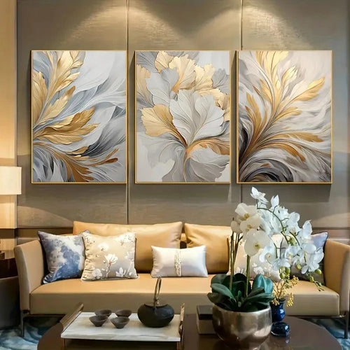 Abstract Gold White Leaves Canvas Painting