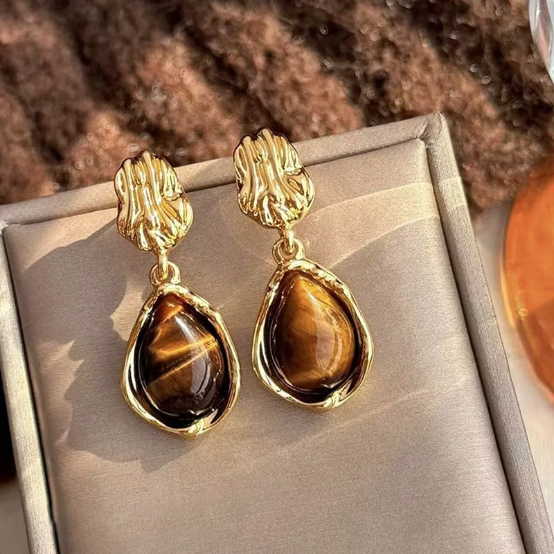 Geometric Tiger Eye Stone Drop Earrings