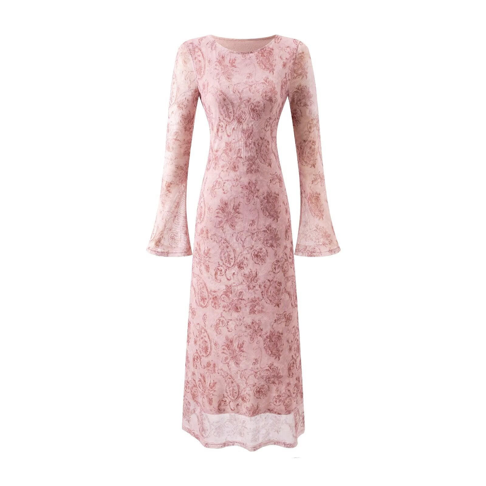 Elegant Trumpet Long-Sleeved Printed Dress